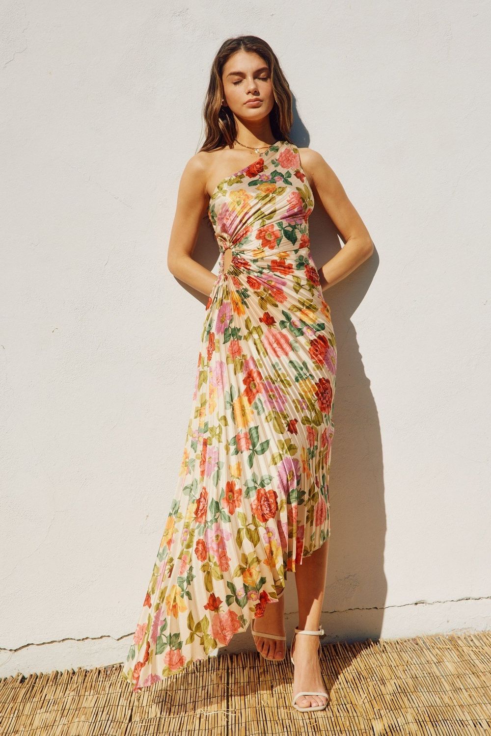 Asymmetrical One Shoulder Pleated Dress, Color: Romantic Garden, Size: Small