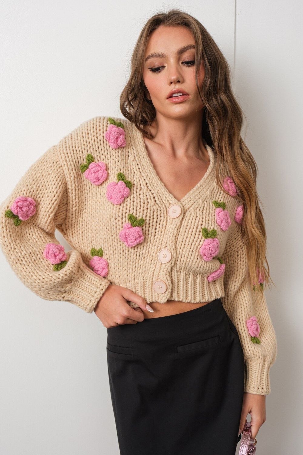 3D Rose Knitted Cardigan, Color: Beige, Size: Small