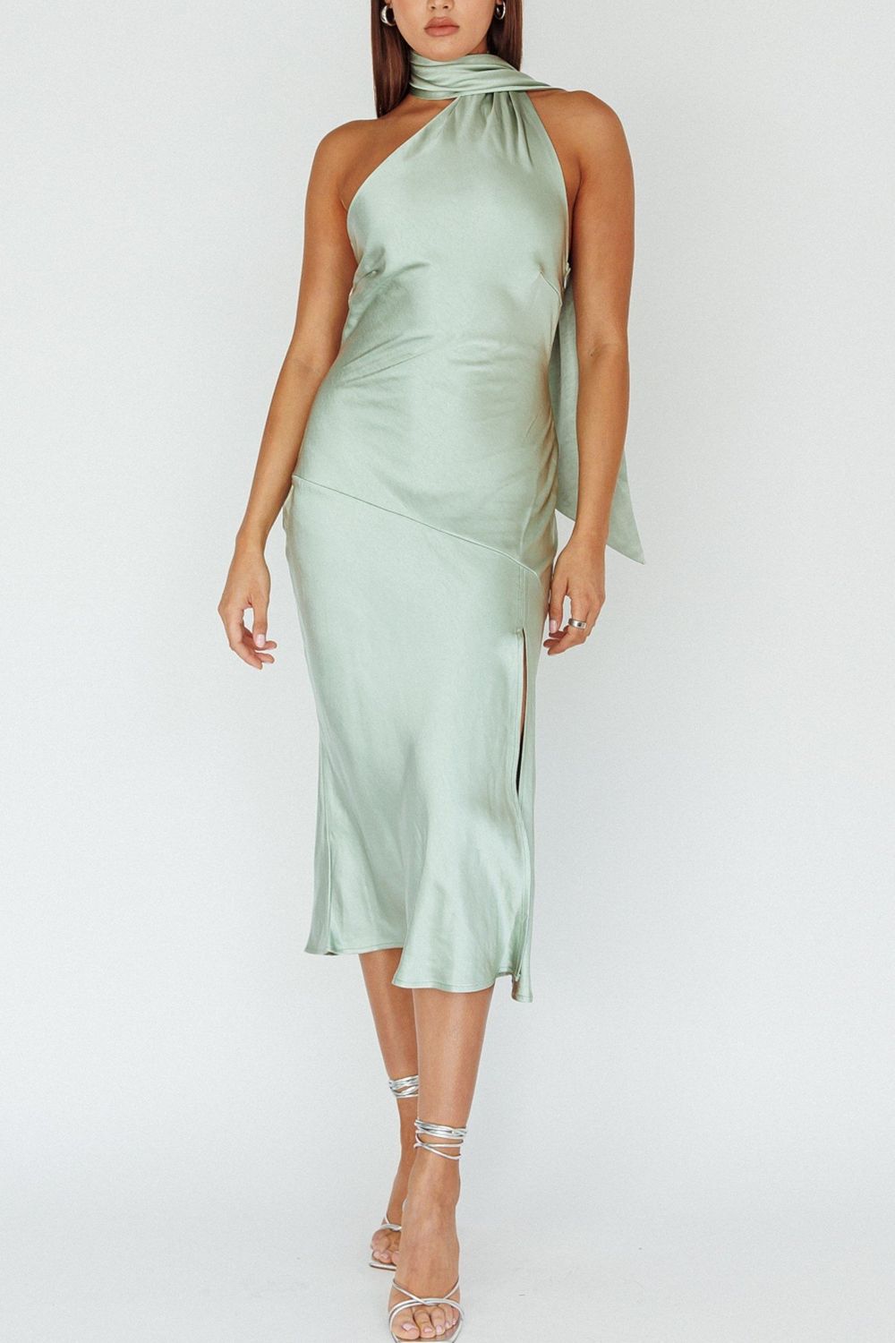 Wrap Around Satin Midi Dress, Color: Sage, Size: XSmall