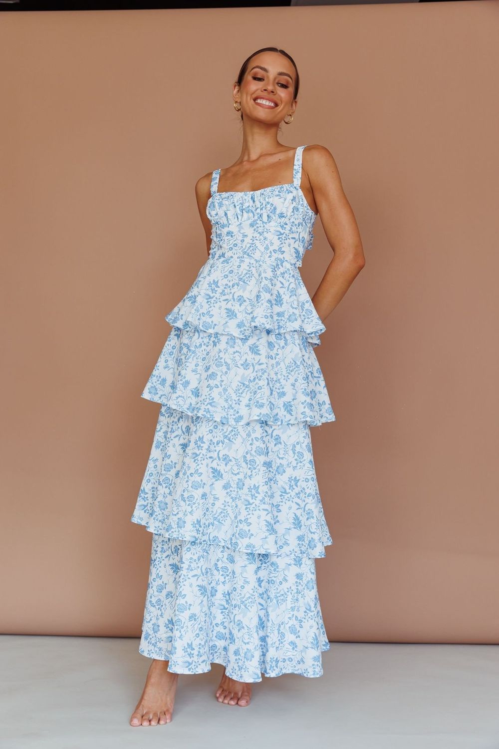 Tiered Ruffle Maxi Dress, Color: Ditsy Blue Floral, Size: XSmall