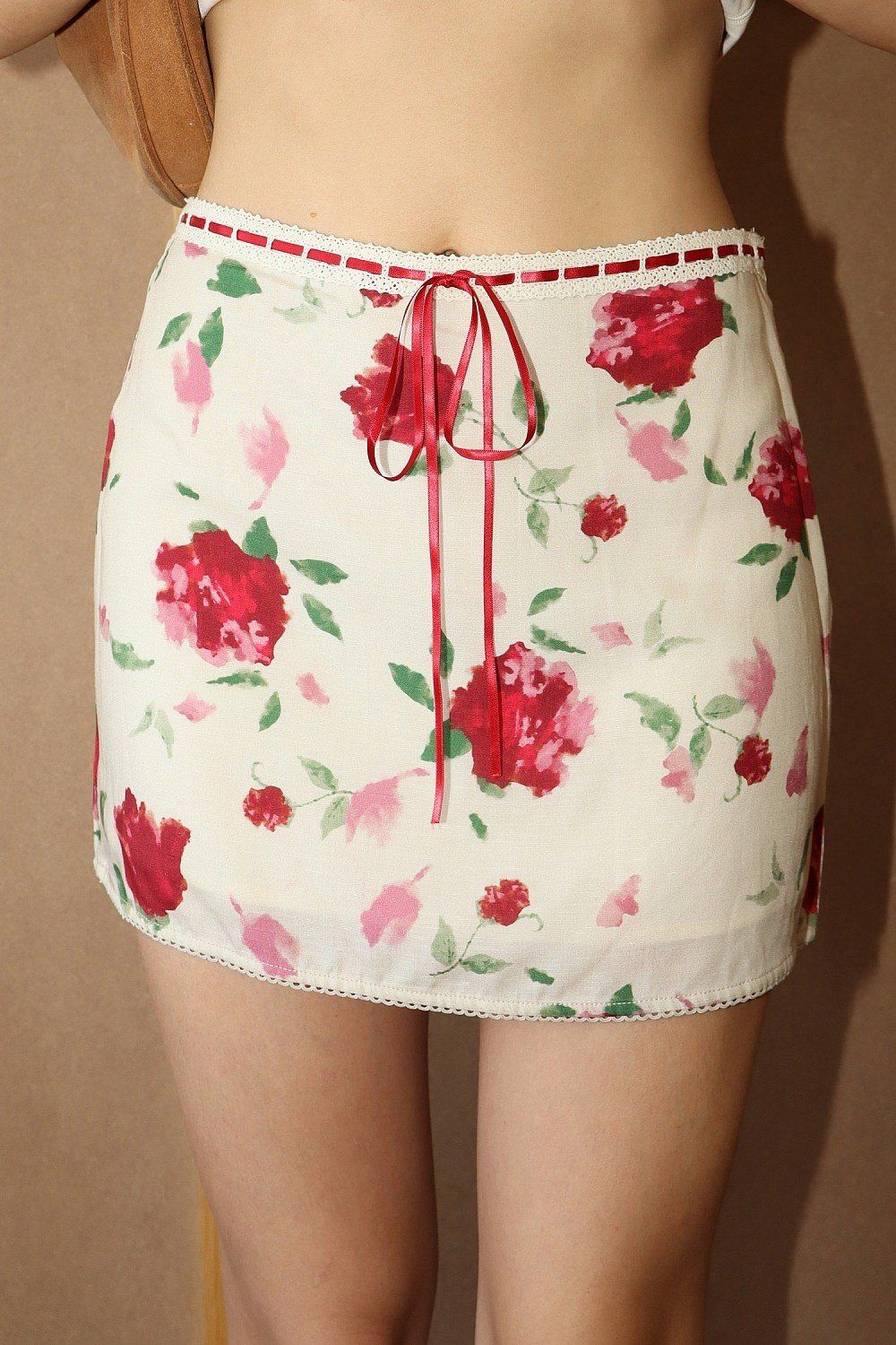 Satin Bow Trim Skirt, Color: Tan Floral, Size: XSmall