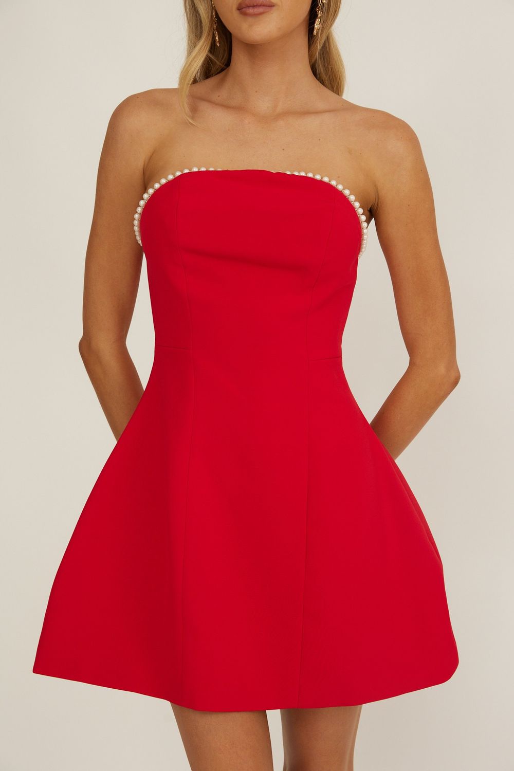 Strapless Pearl Detail Dress, Color: Red, Size: Small