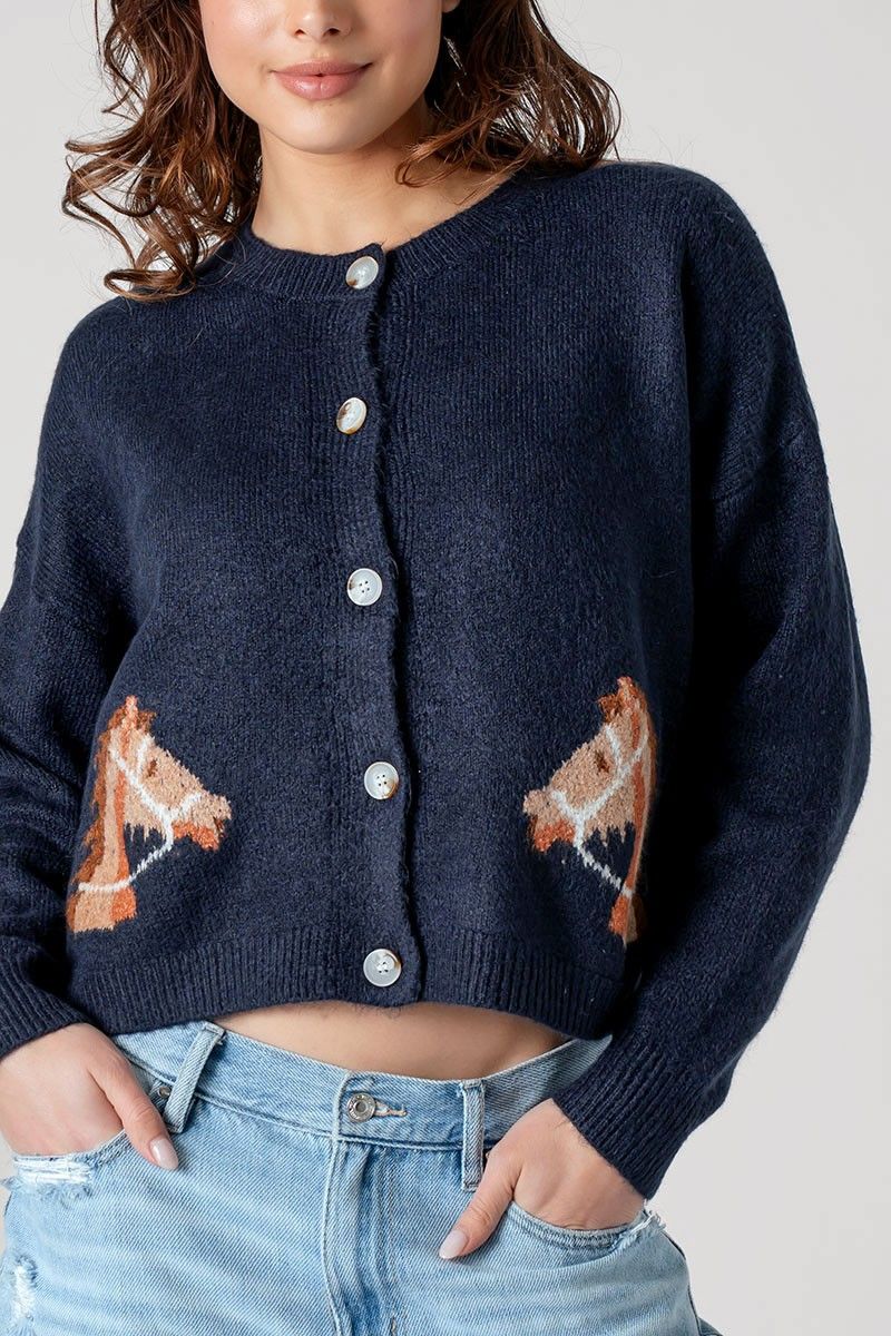 Equestrian Cardigan, Color: Navy, Size: Small/Medium
