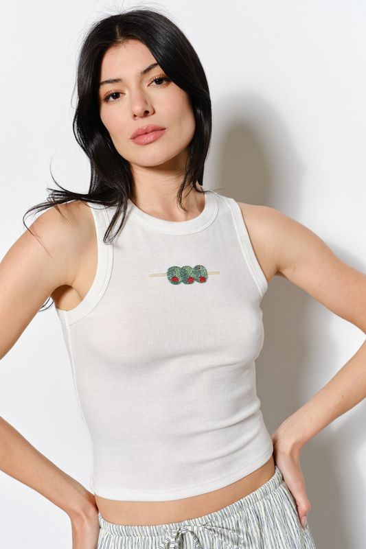 Olive Bead Embroidery Tank Top