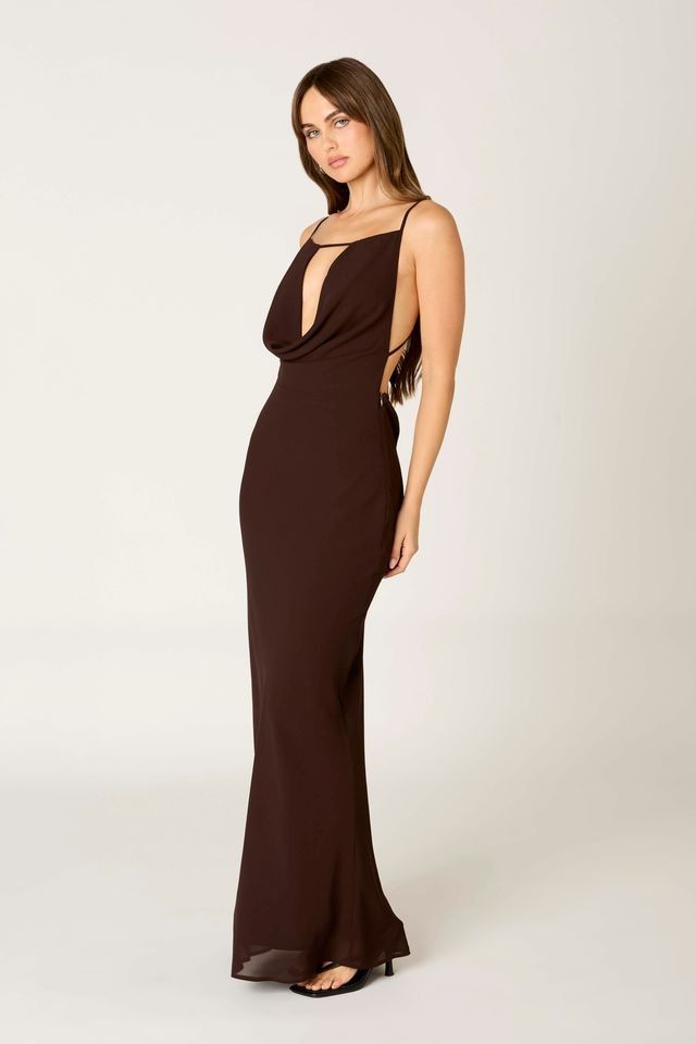 Deep Plunge Maxi Dress, Color: Coffee, Size: XSmall