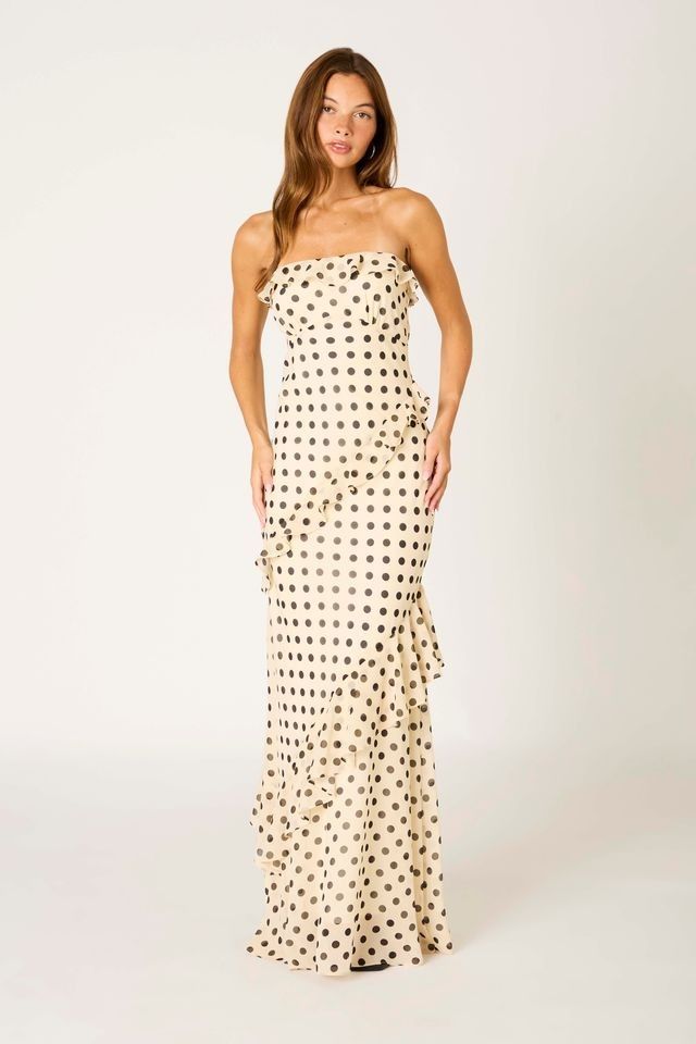 Strapless Maxi Dress, Color: Ecru Dots, Size: XSmall