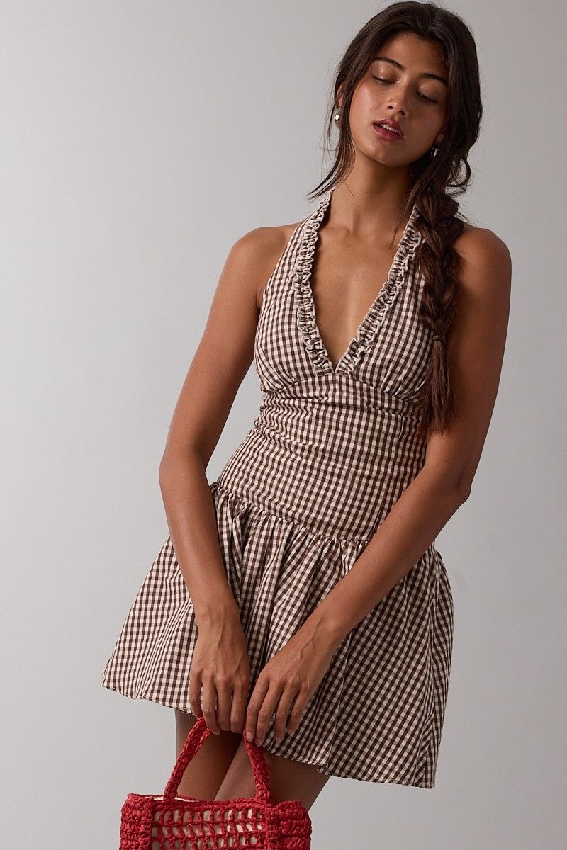 Checker Halter Dress, Color: Natural, Size: Small