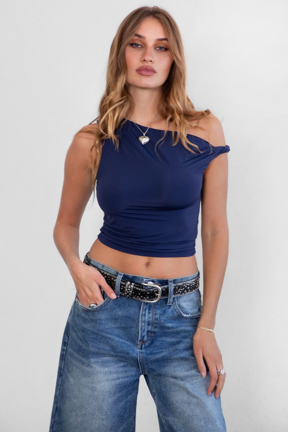 Hailey Twist Shoulder Top, Color: Navy, Size: Small