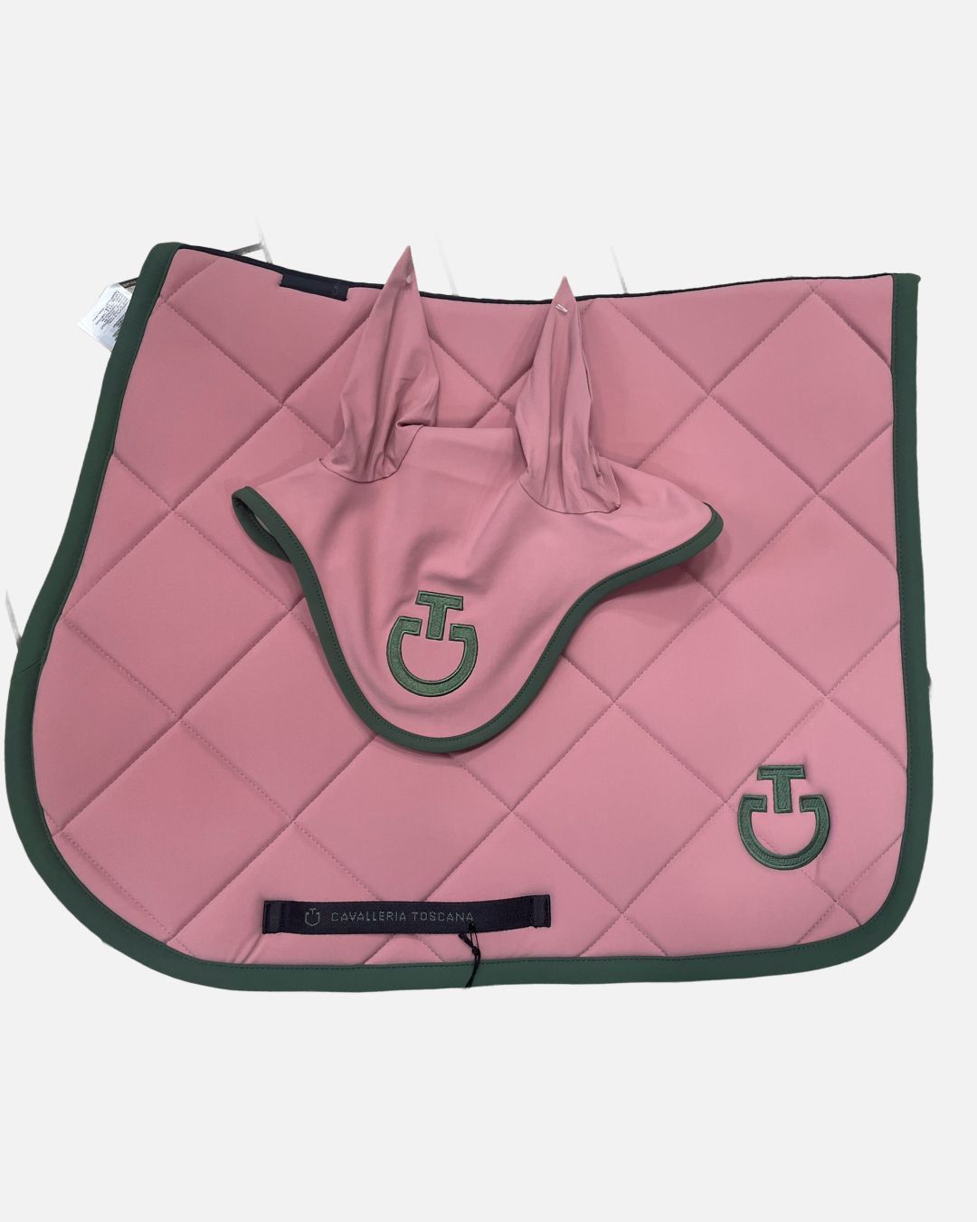 SET SOTTOSELLA  E CUFFIA CAVALLERIA TOSCANA ROSA ROMBI GRANDI