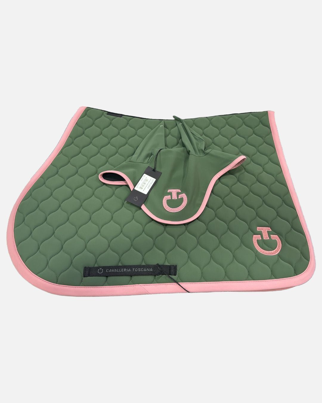 SET SOTTOSELLA E CUFFIA CAVALLERIA TOSCANA  VERDE BORDO ROSA