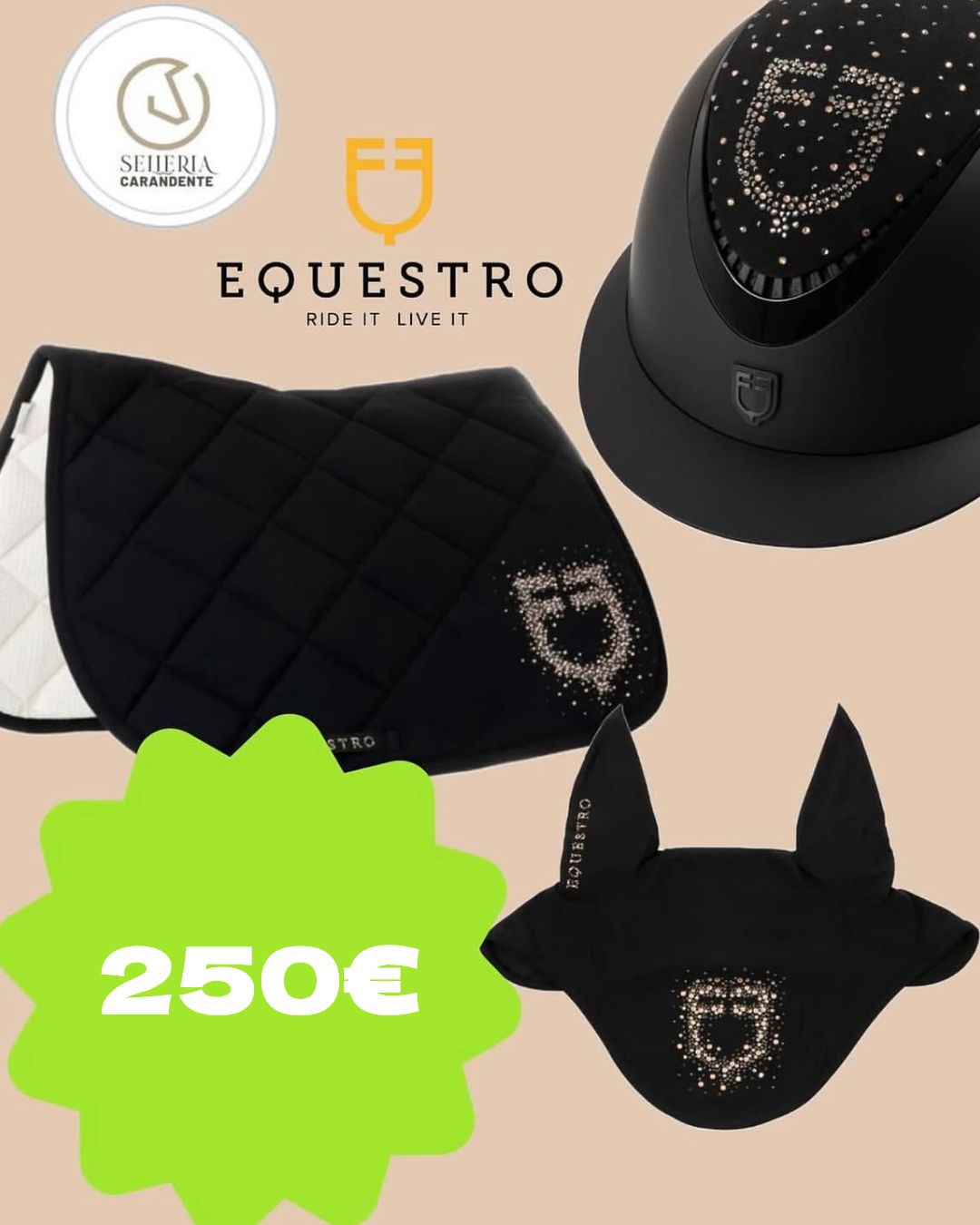 SET SOTTOSELLA + CUFFIA + CASCO EQUESTRO STRASS