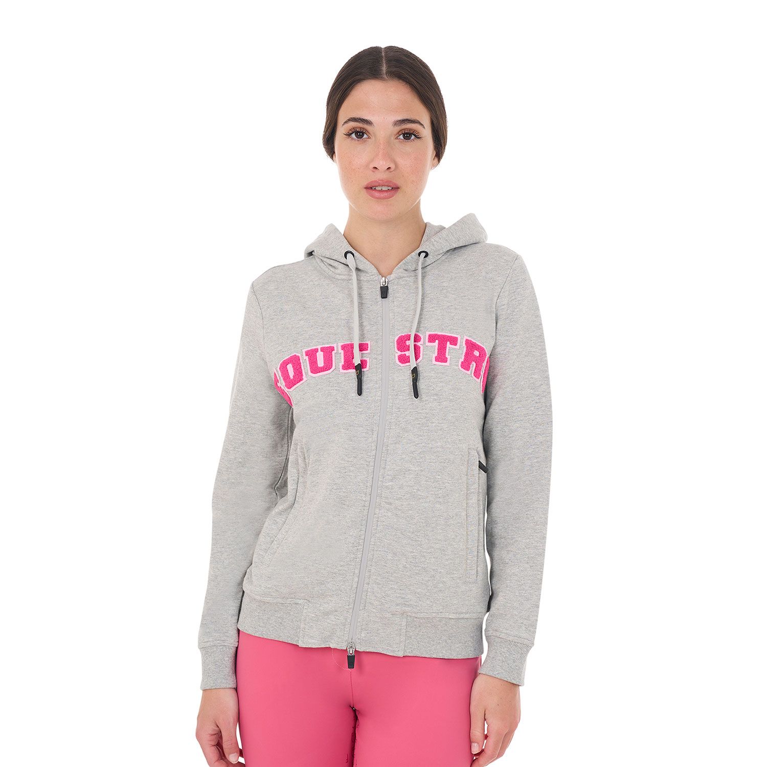 FELPA DONNA CON CAPPUCCIO E ZIP SCRITTA EFFETTO SPUGNA EQUESTRO