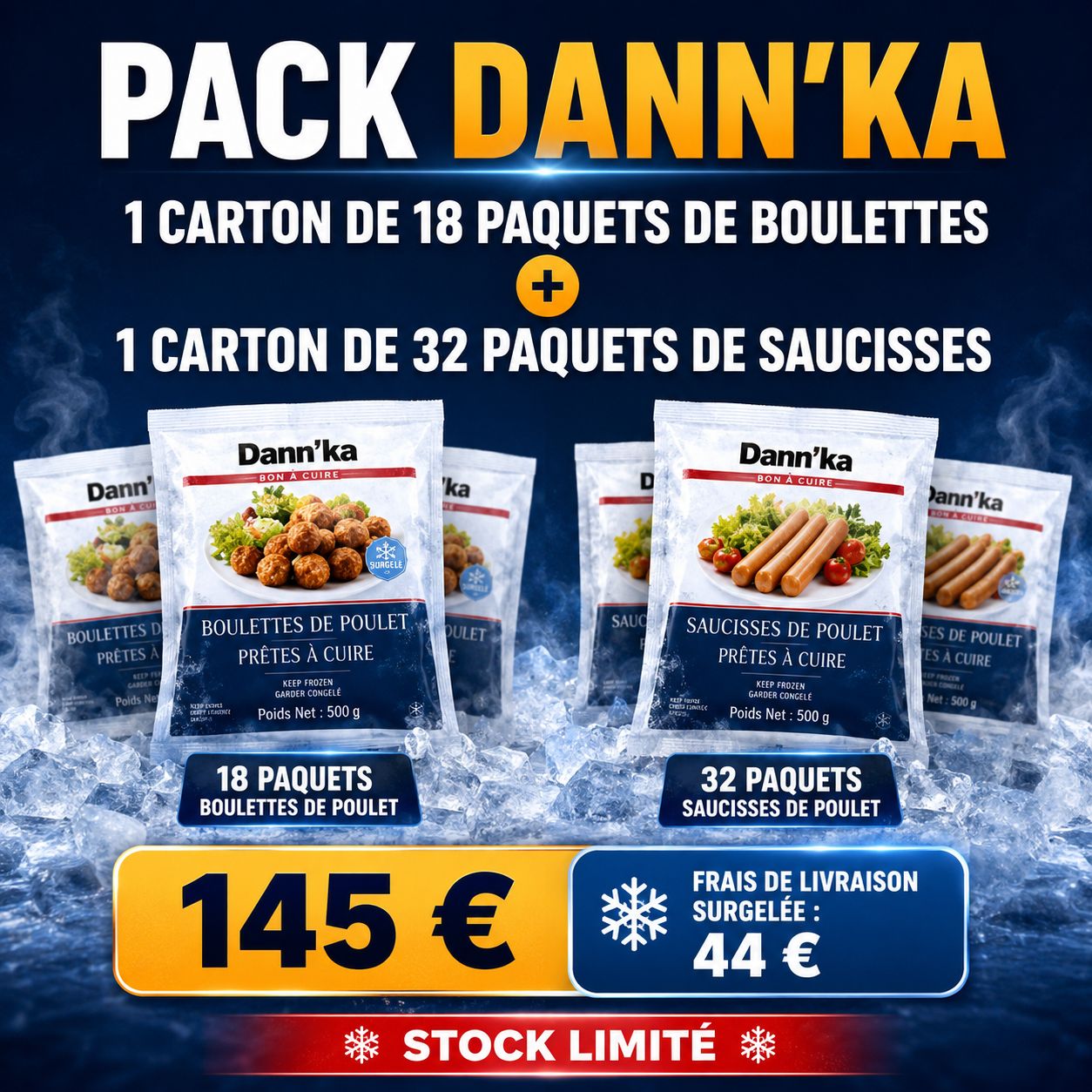  Carton Dann'ka  18 boulettes   + carton de 32 saucisses