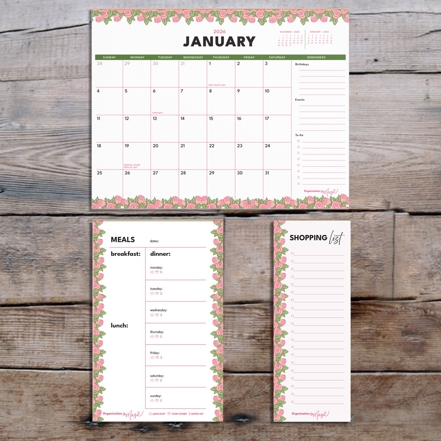 Everyday Organizer Bundle (calendar + meal planner + shopping list)