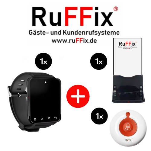 RuFFix ® Kundenrufsystem Komplettset | 1x Funk-Rufbutton (1 Taste) + 1x Funk-Armbandpager + 1 Tischaufsteller