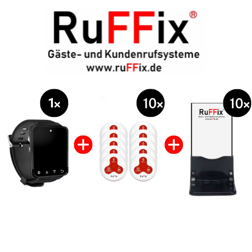 RuFFix ® Kellnerrufsystem Komplettset | 10x Funk-Rufbutton (3 Tasten) + 1x Funk-Armbandpager + 10x Tischaufsteller