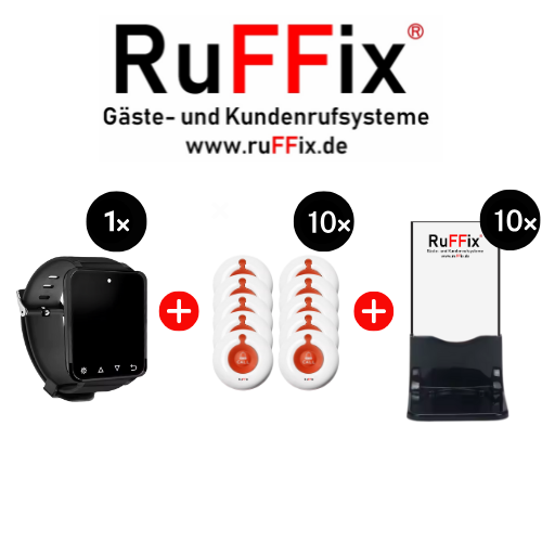 RuFFix ® Kundenrufsystem Komplettset | 10x Funk-Rufbutton (1 Pager Taste) + 1x Pager Uhr + 10x Pager Tischaufsteller