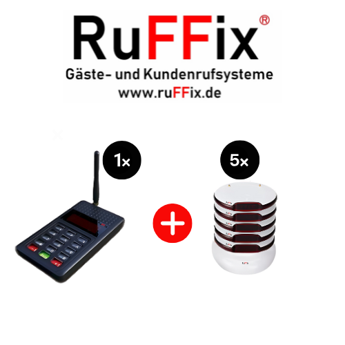 RuFFix ® Gastronomie & Restaurant Pager Komplettset | 5x Pager + 1x Sendeeinheit + 1x Ladegerät - Gästeruf / Personenruf V2