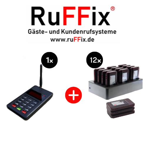 RuFFix ® Pager-System Komplettset | 12x Pager + 1x Sendeeinheit + 1x Ladegerät - Gästeruf / Personenruf V1