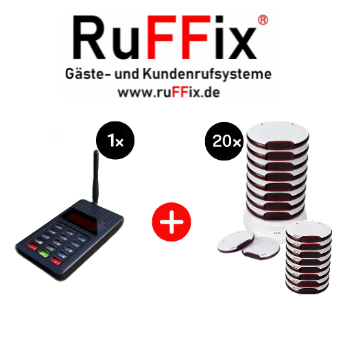 RuFFix ® Gastronomie & Restaurant Pager Komplettset | 20x Pager + 1x Sendeeinheit + 1x Ladegerät - Gästeruf / Personenruf V2