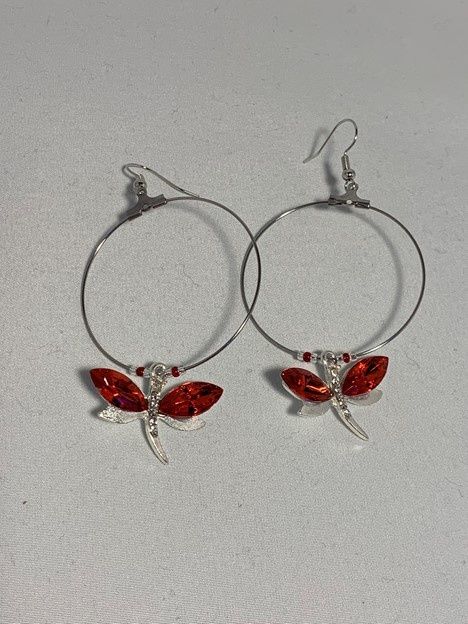Large Hoop Earrings Red Dragonfly