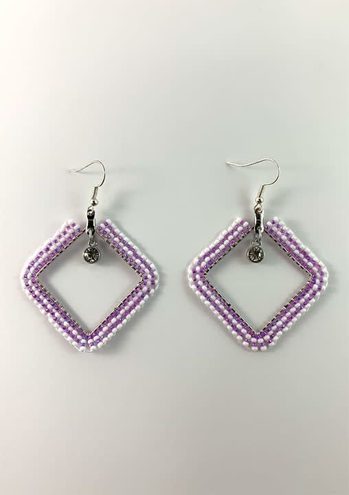 Beaded Earrings Diamond Shape Purple &amp; White