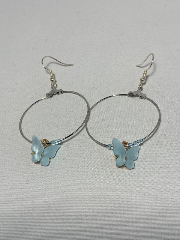 Silver Hoops with Light Blue Butterflies