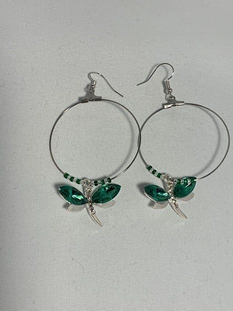 Large Hoop Earrings Green Dragonfly