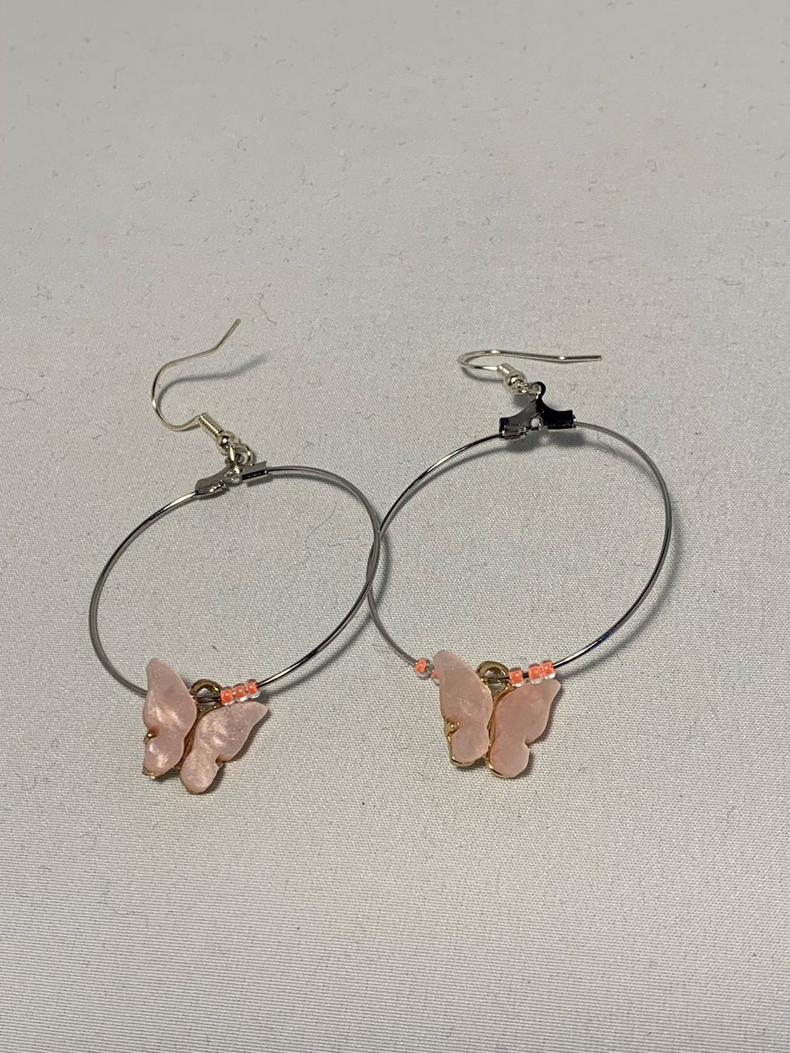 Silver Hoops with Light Pink Butterflies