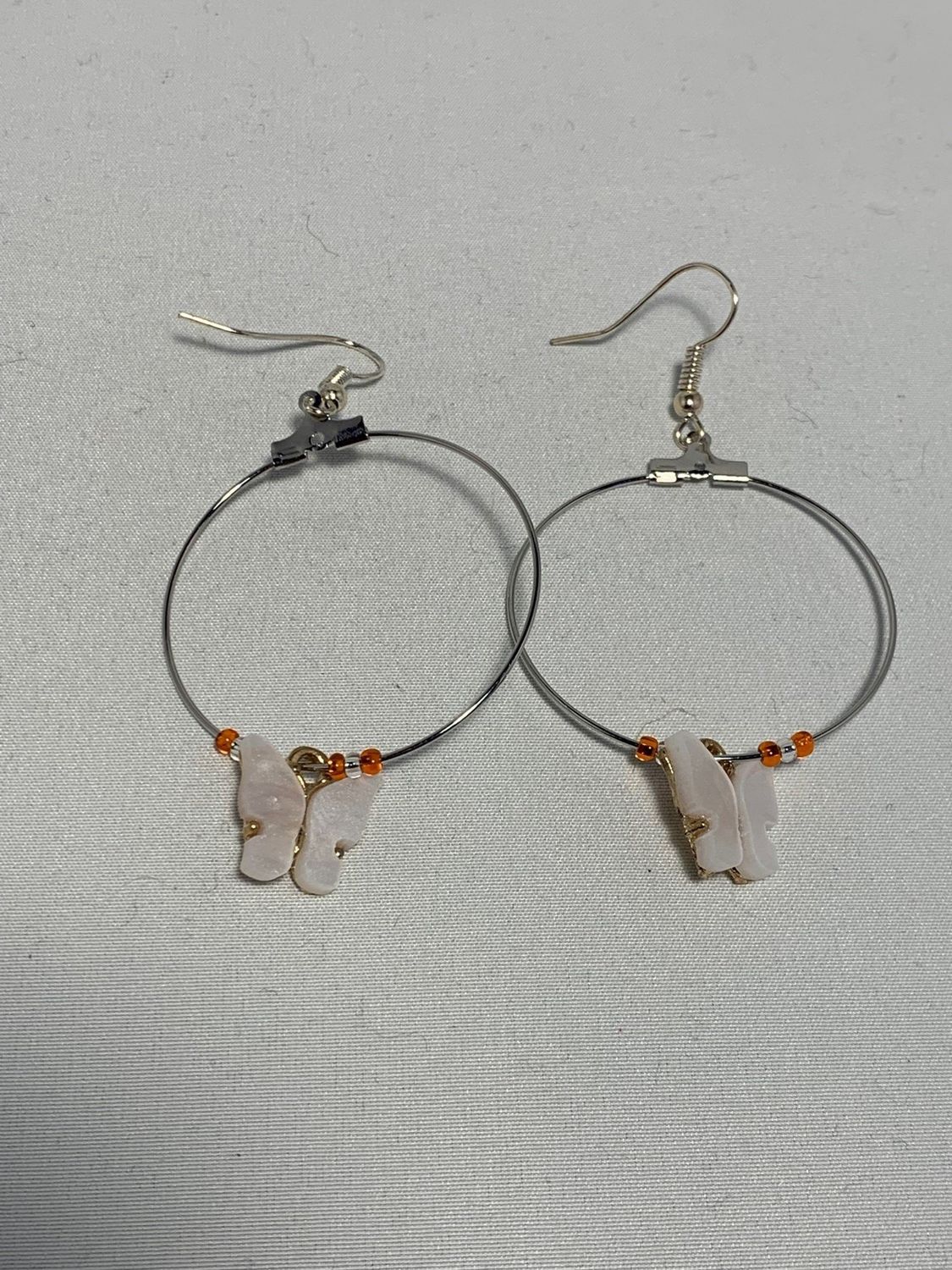 Silver Hoops with White Butterflies