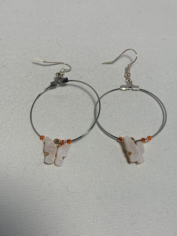 Silver Hoops with White Butterflies
