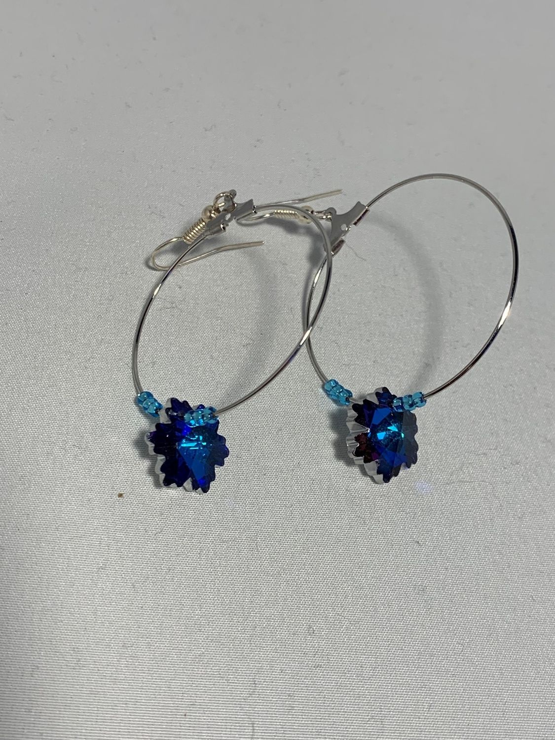 Silver Hoops with Blue &amp; Purple Crystal Snowflake, Silver Lined Blue Beads