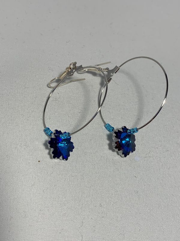 Silver Hoops with Blue &amp; Purple Crystal Snowflake, Silver Lined Blue Beads