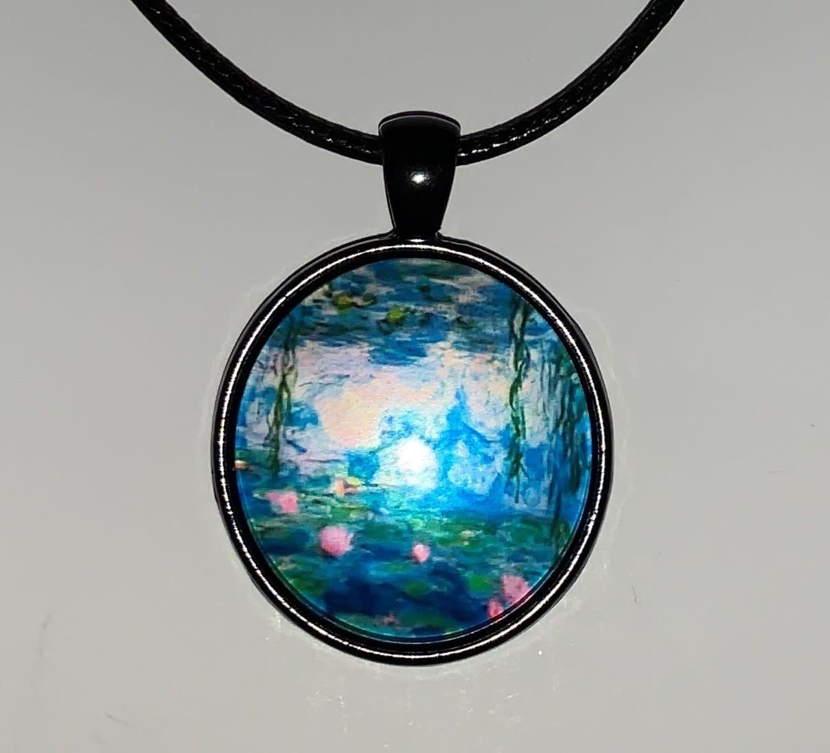 Cabochon Necklace Water Painting in Black Setting