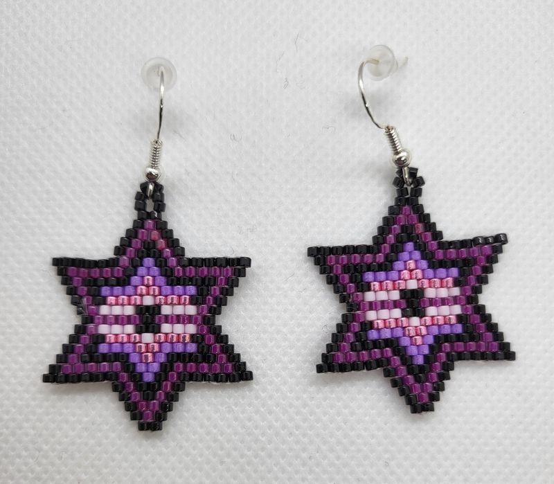Beaded Stars Purple, Black &amp; White Earrings