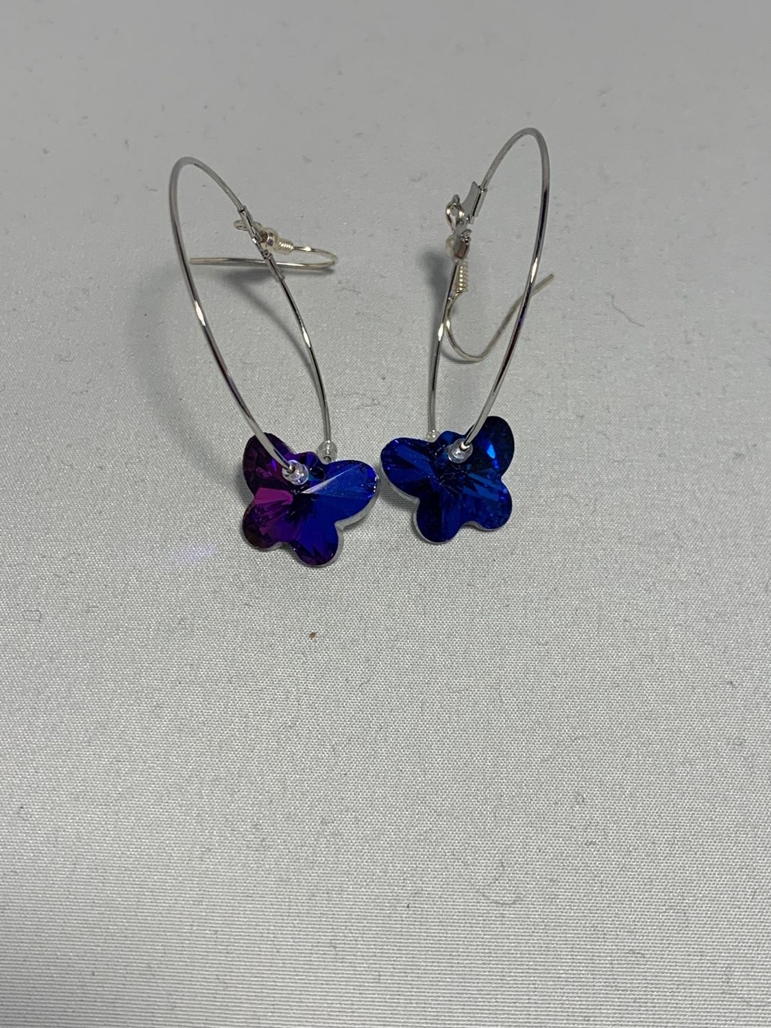 Silver Hoops with Blue &amp; Purple Crystal Butterflies, Silver Lined Crystal Beads