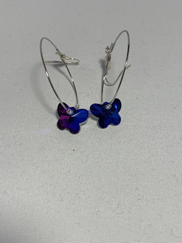 Silver Hoops with Blue &amp; Purple Crystal Butterflies, Silver Lined Crystal Beads