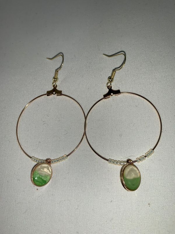 Large Hoop Earrings Gold with Green and Pearl Charm