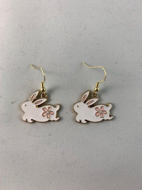 Earrings White Bunny with Pink Flower