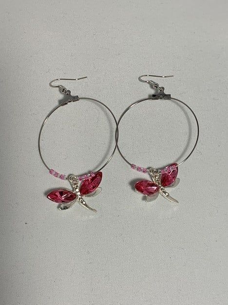 Large Hoop Earrings Dark Pink Dragonfly