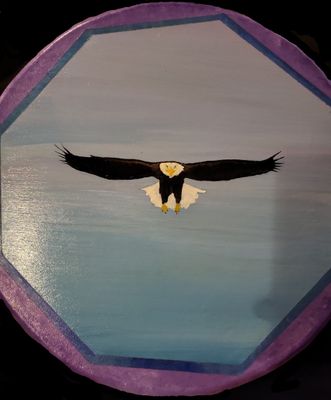 Eagle Flying Forward Painted on 14&quot; Drum on Cedar Frame