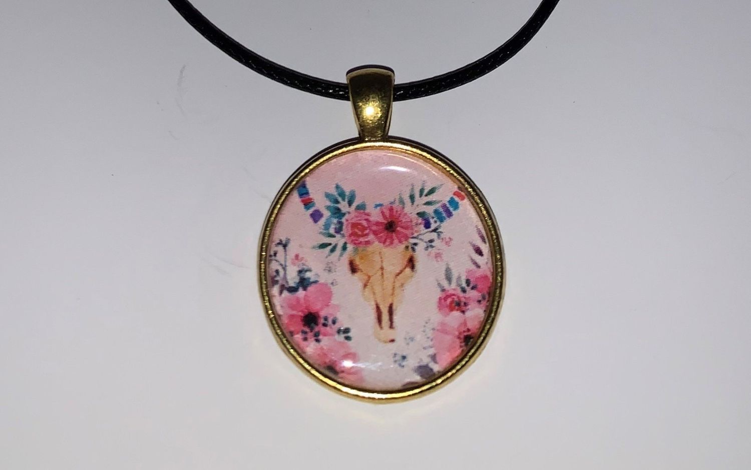 Cabochon Necklace  Buffalo Skull in Gold Setting