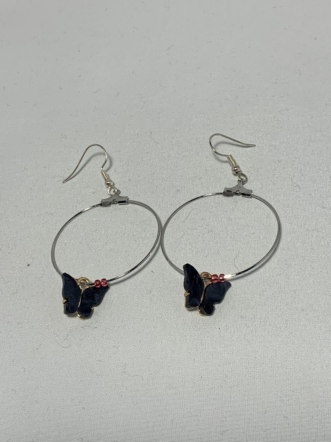 Silver Hoops with Dark Grey Butterflies