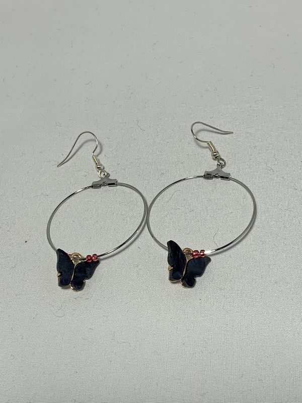 Silver Hoops with Dark Grey Butterflies