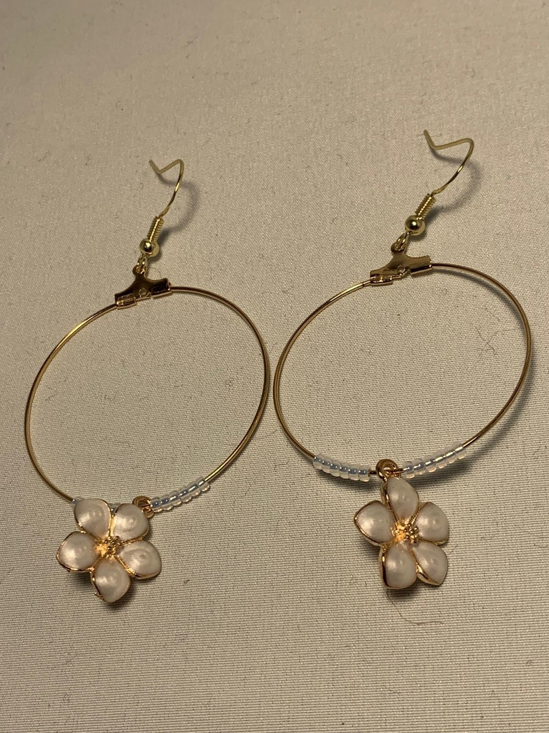Large Hoop Earrings Pearl White Flowers on Gold Hoop with Gold Lined Pearl Beads