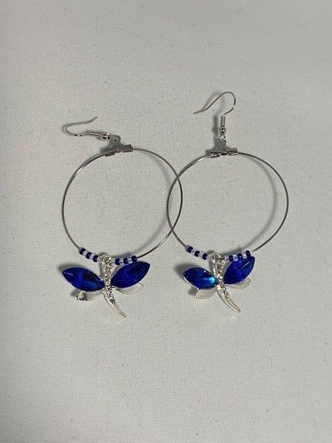 Large Hoop Earrings Royal Blue Dragonfly