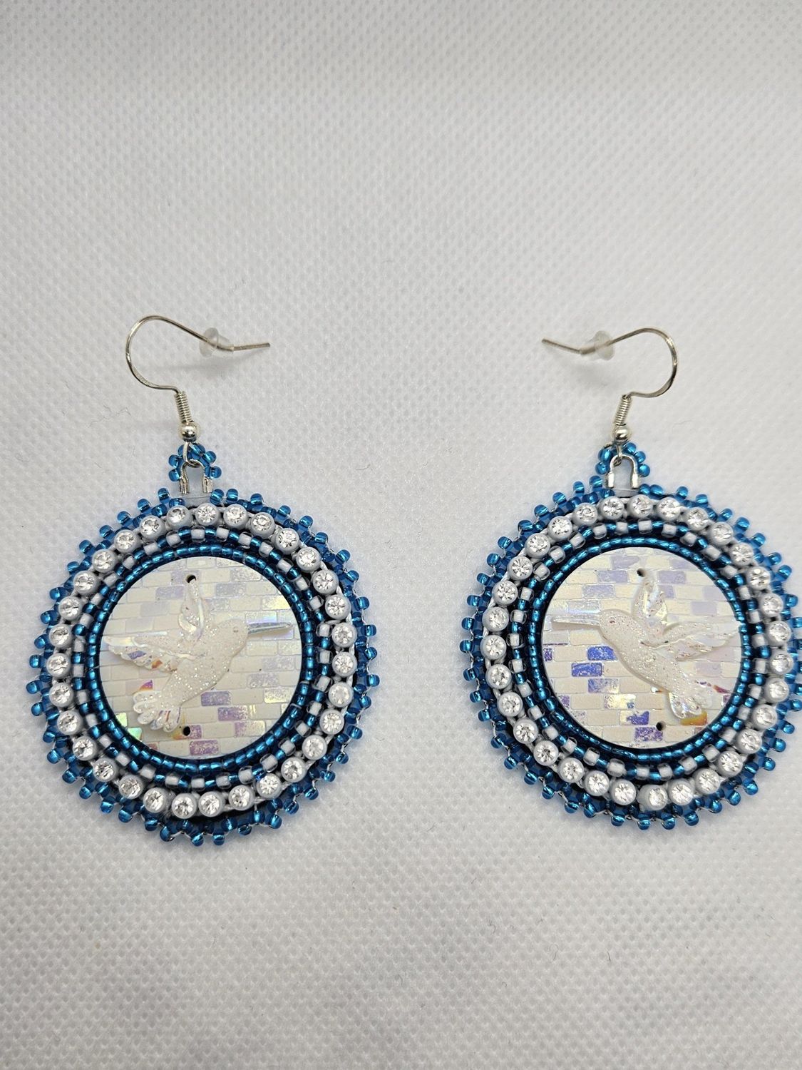 Beaded Earrings Hummingbird Cabochon White &amp; Blue