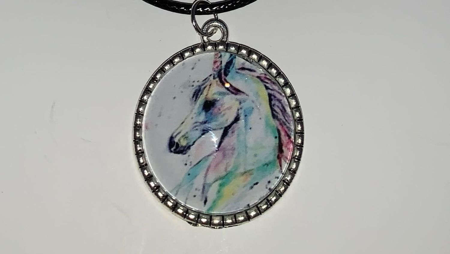 Cabochon Necklace Unicorn in Silver Ribbed Setting