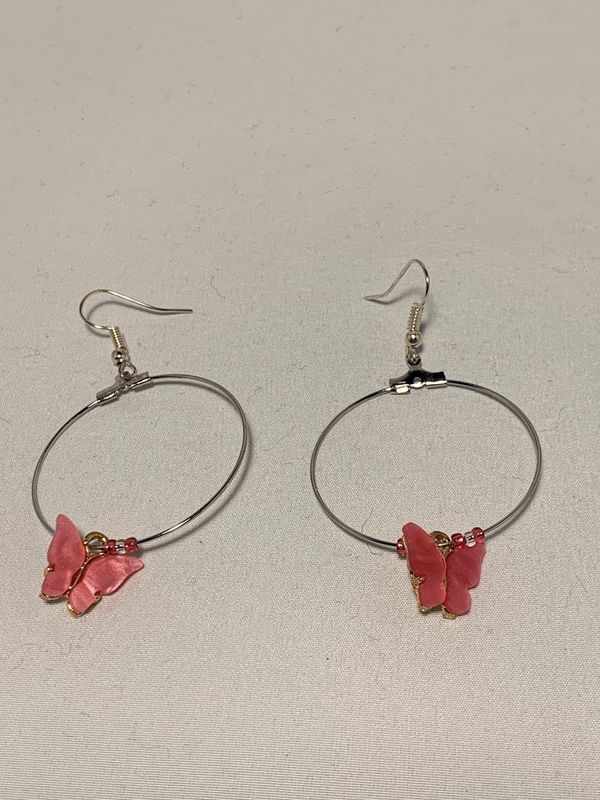 Silver Hoops with Dark Pink Butterflies