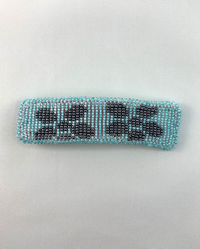 Beaded Flower Barrette - Turquoise and Gunmetal